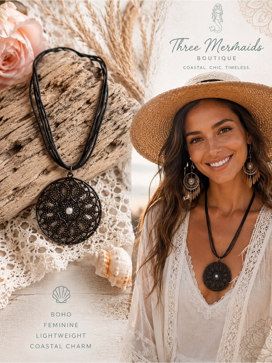 Jewelry - Boho Black Filigree Pendant Necklace | Layered Cord with Necklace Festival Chic